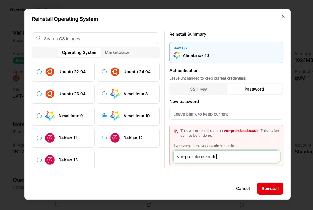 Cara Mengubah Sistem Operasi Reinstall OS pada Layanan qVM